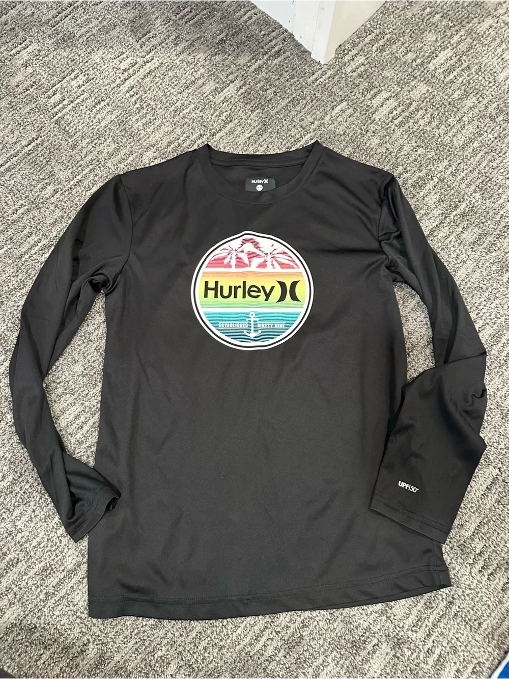 Boys Hurley Black Long Sleeve Rash Guard with Multicolor Sun Badge